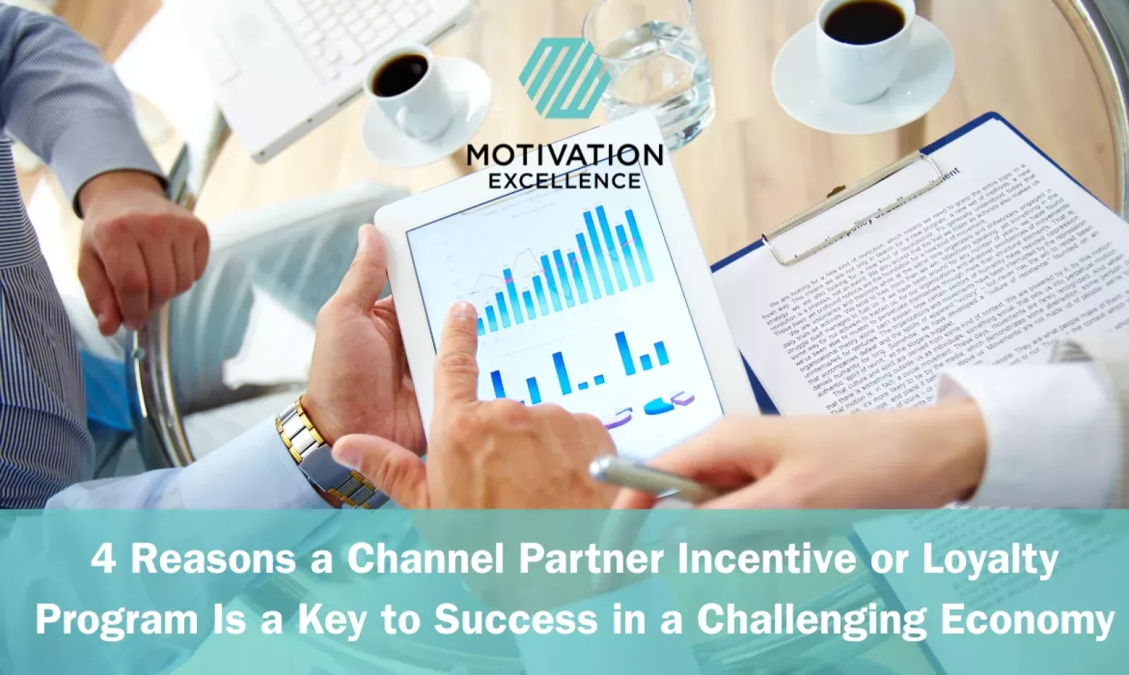 Title image showing people's hands at a desk and a bar graph displayed on a tablet.